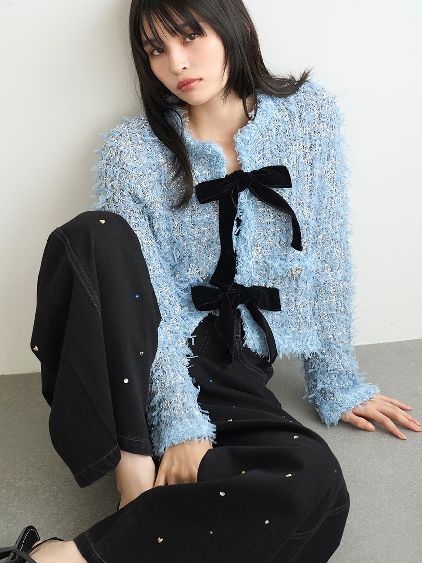 LILY BROWN「[L.B CANDY STOCK]ラメリボンニットジャケット」|ノーカラージャケット|