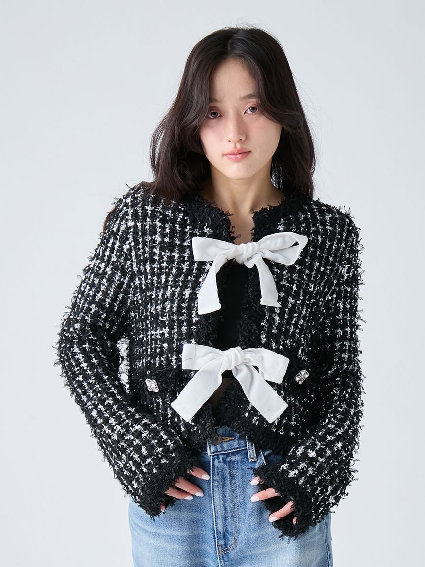 LILY BROWN「[L.B CANDY STOCK]ラメリボンニットジャケット」|ノーカラージャケット|