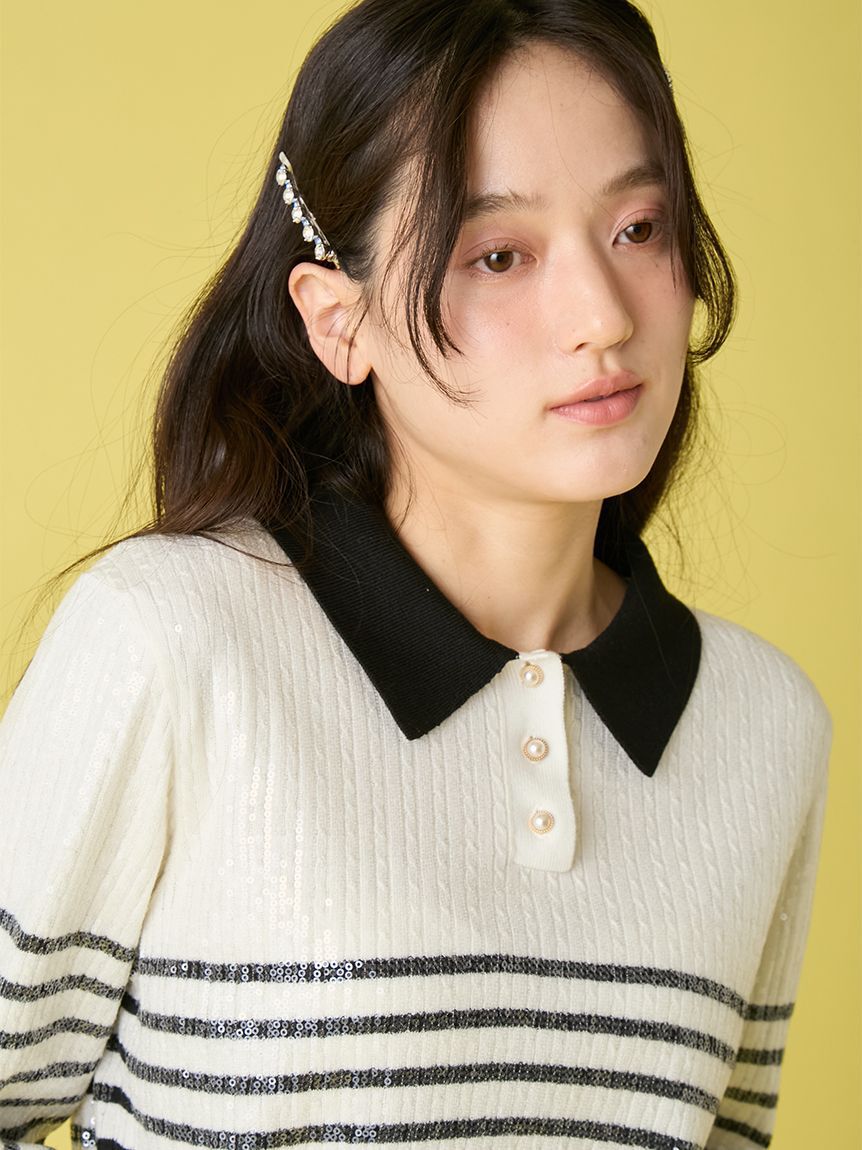 LILY BROWN「[L.B CANDY STOCK]襟付きスパンコールニットトップス」|カーディガン|