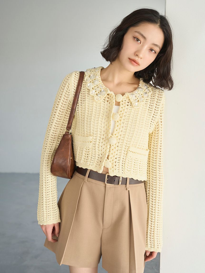 LILY BROWN「[L.B CANDY STOCK]クロシェ編みビジューニットカーディガン」|カーディガン|