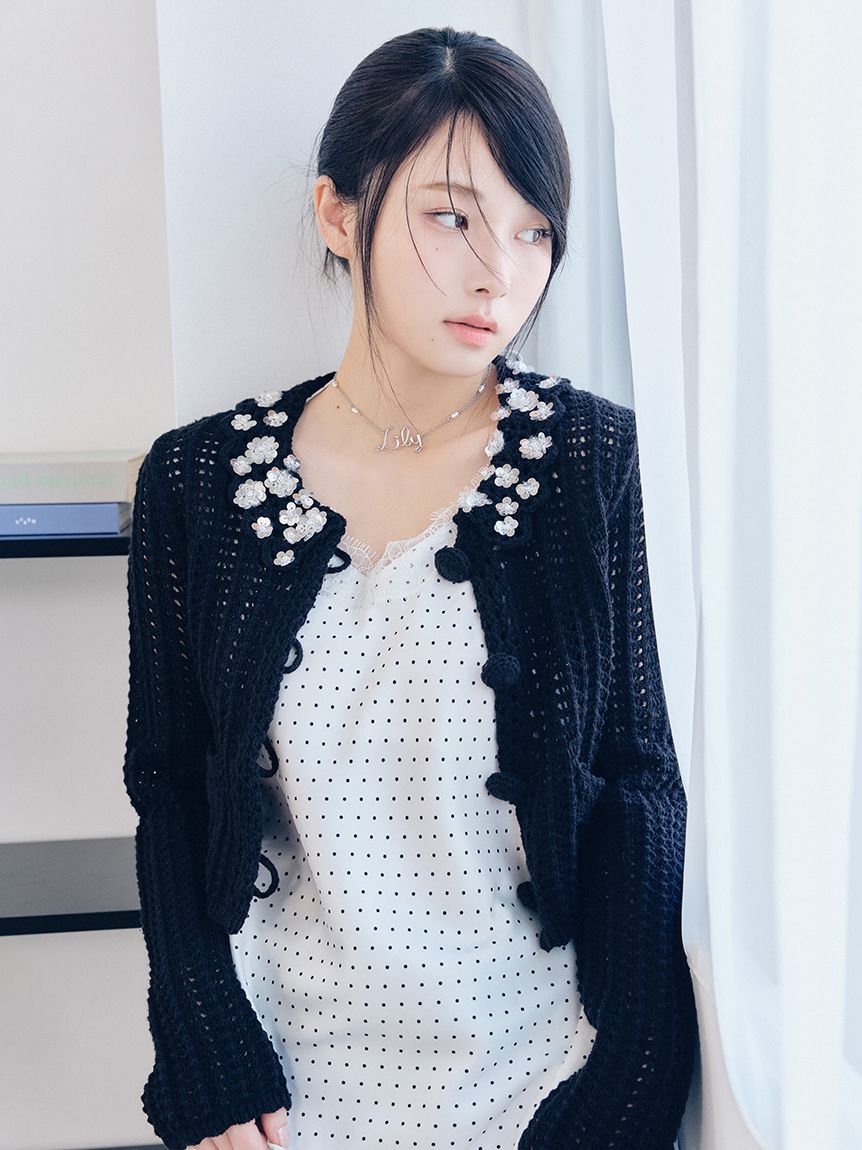 LILY BROWN「[L.B CANDY STOCK]クロシェ編みビジューニットカーディガン」|カーディガン|BLK