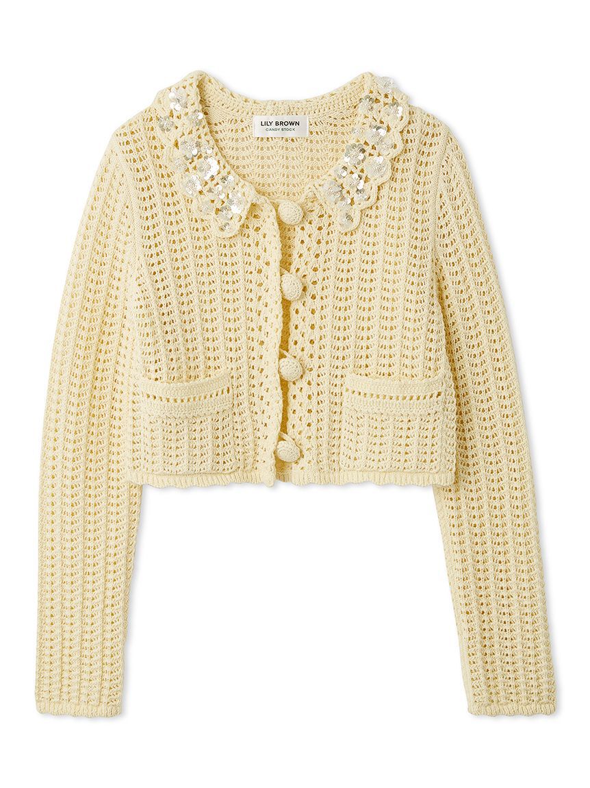 LILY BROWN「[L.B CANDY STOCK]クロシェ編みビジューニットカーディガン」|カーディガン|YEL