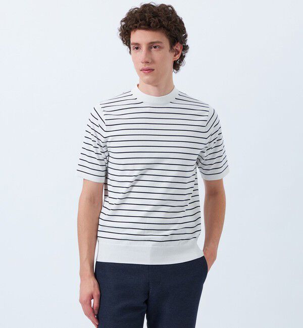 MACKINTOSH PHILOSOPHY「TEXBRIDプレーティング 半袖セミモックネックプルオーバーニット」|ニット・セーター|ホワイト&times;ネイビー