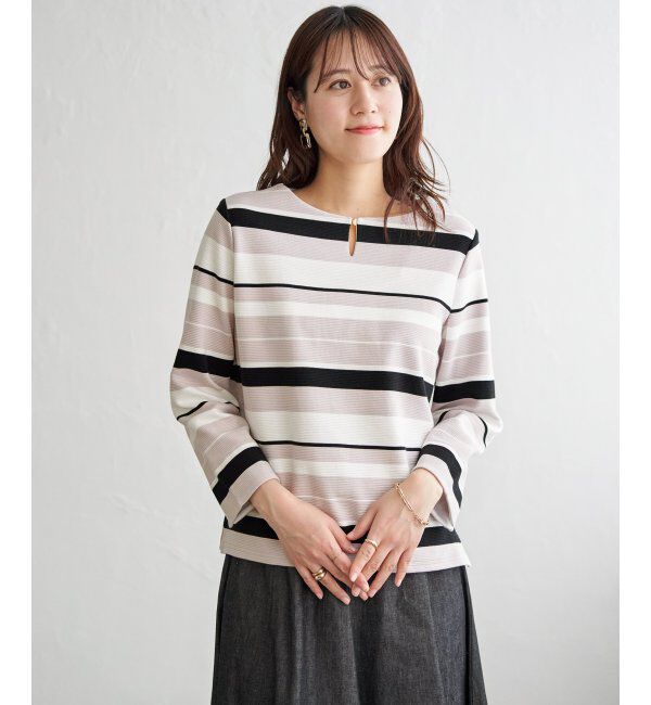 IKKA LOUNGE「リップルボーダーキーネックプルオーバー」|Tシャツ・カットソー|グレージュ