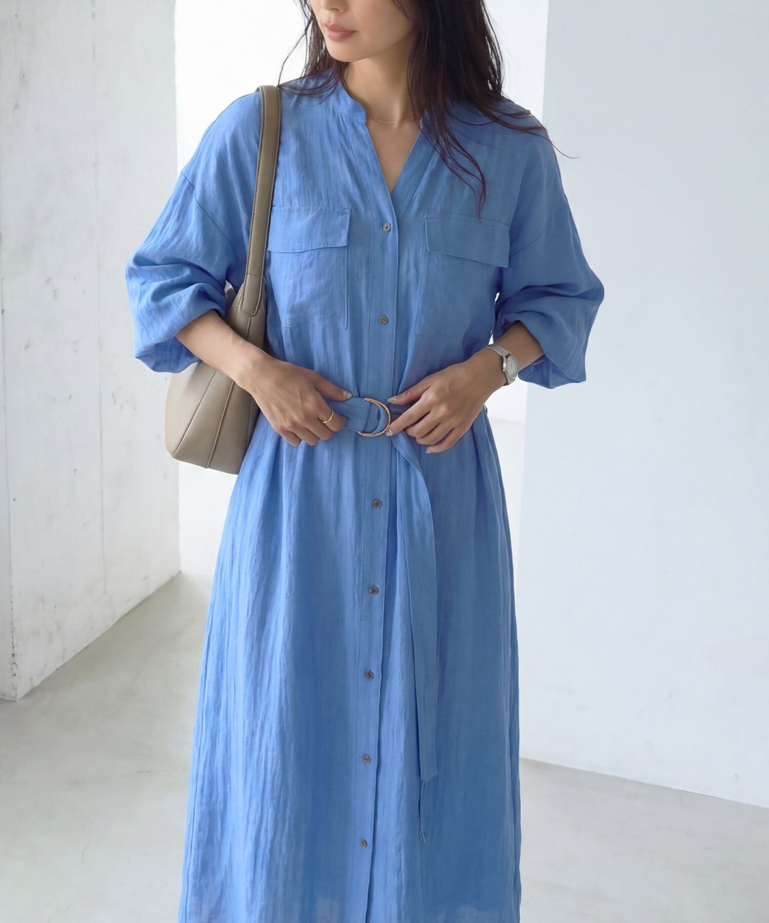 STYLE DELI「綿麻混紡ベルテッドシャツワンピース」|ワンピース|