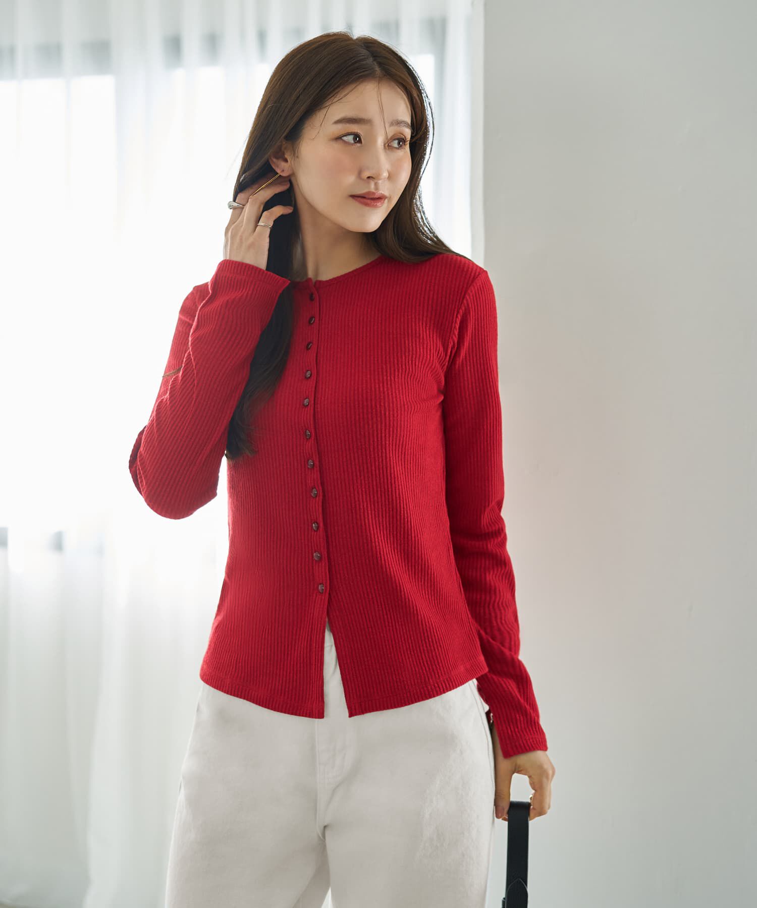 STYLE DELI「ボタンいっぱいリブカットソートップス」|Tシャツ・カットソー|レッド