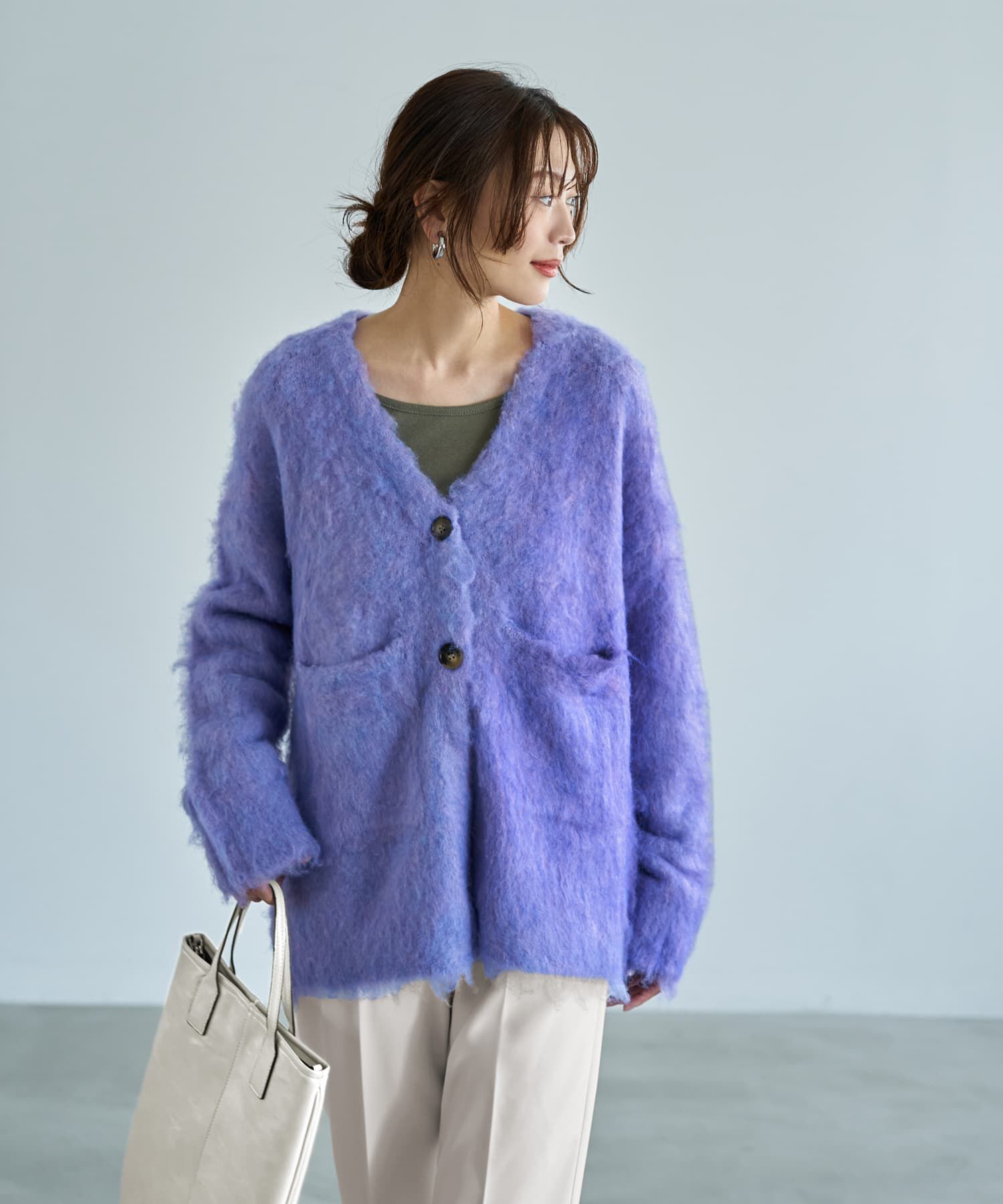 STYLE DELI「【LUXE】毛起こしブークレポケットカーディガン」|ニット・セーター|パープル