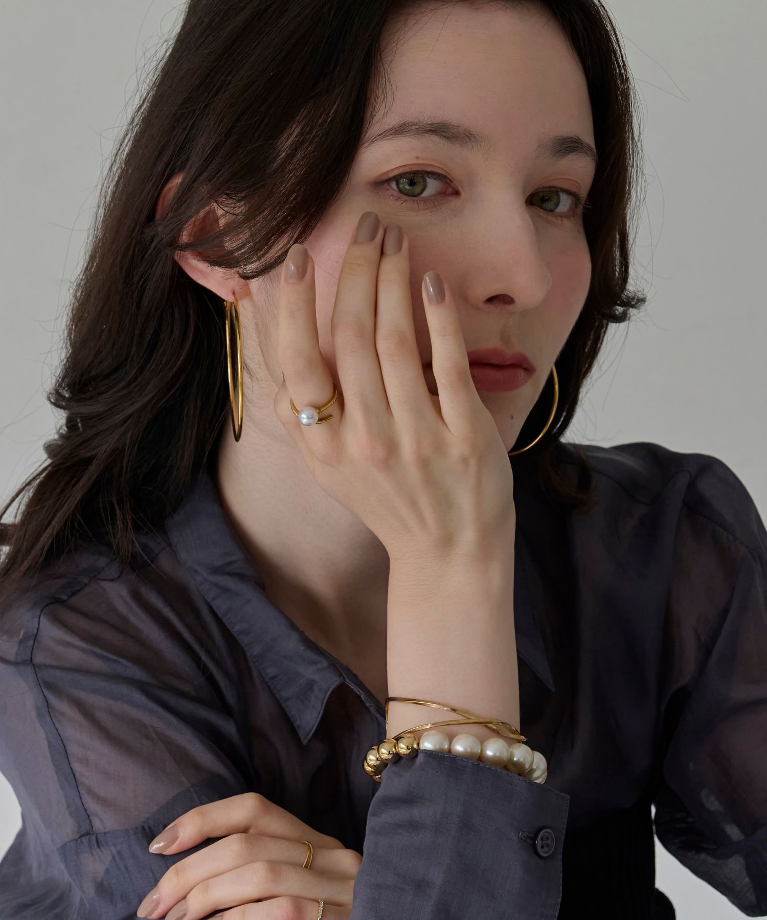 Phoebe「【金属アレルギー対応】ドローラップパールビジューリング　ゴールド」|リング|