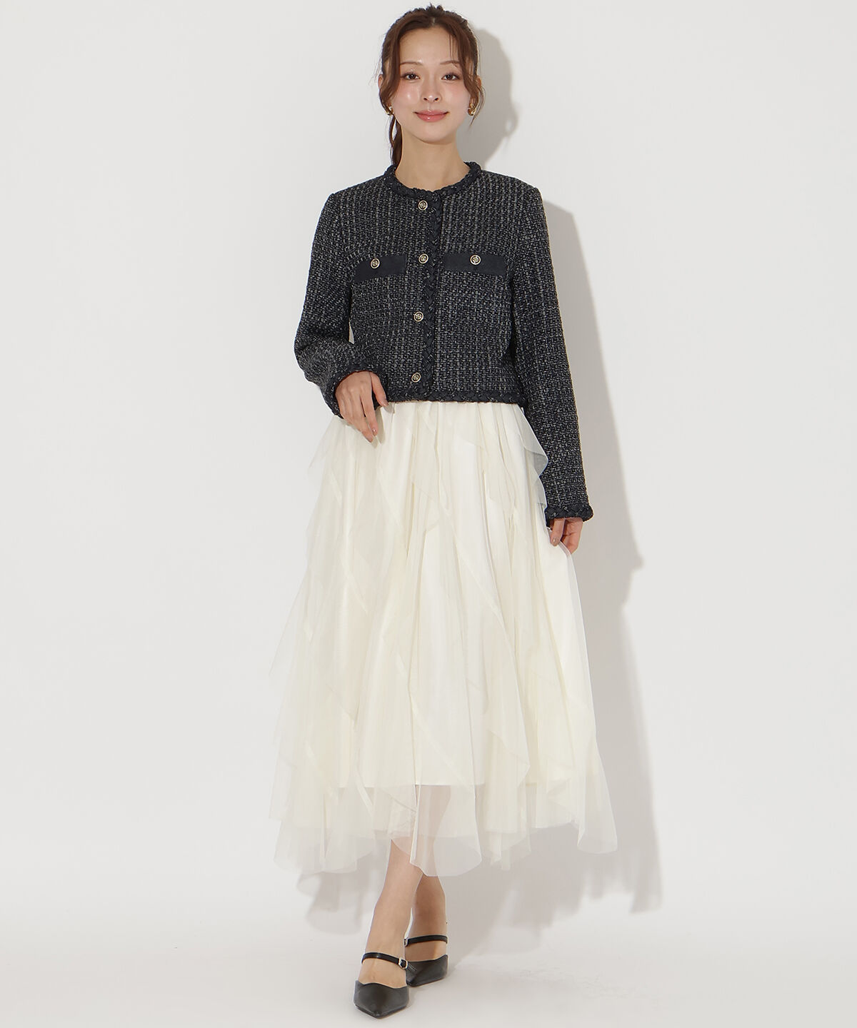 アンドクチュール「デニムコンビツイードジャケット」|ノーカラージャケット|