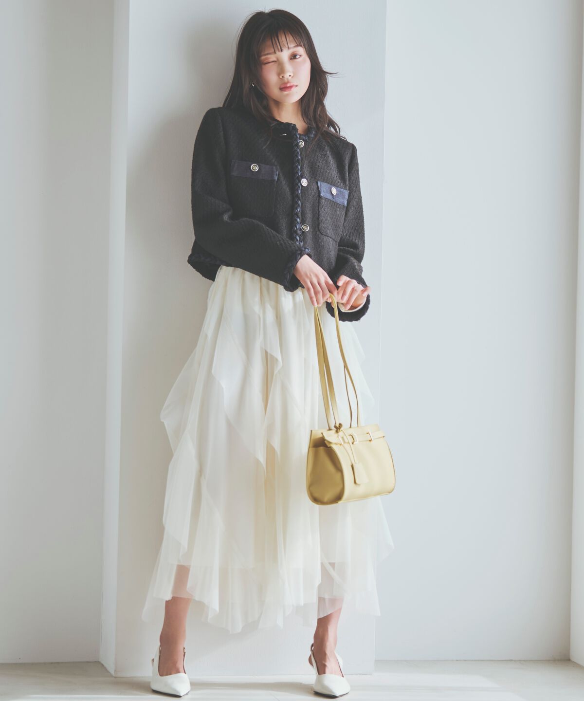 アンドクチュール「デニムコンビツイードジャケット」|ノーカラージャケット|