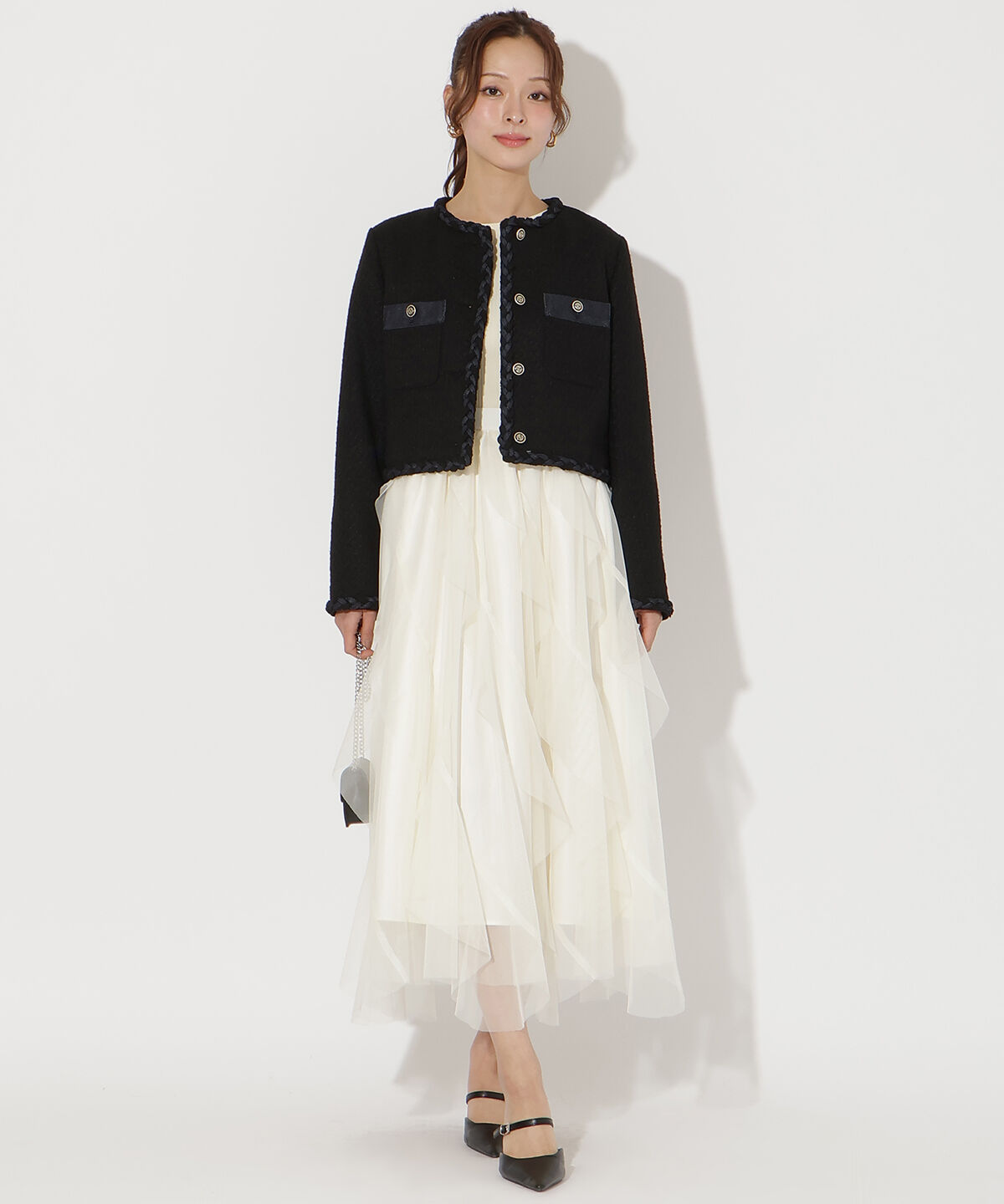 アンドクチュール「デニムコンビツイードジャケット」|ノーカラージャケット|