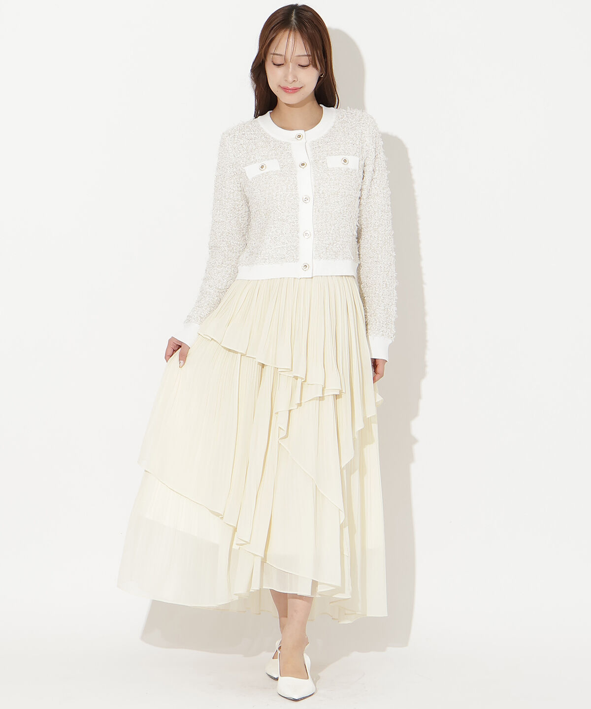 アンドクチュール「ラメ入りツイード調ニットカーディガン」|カーディガン|