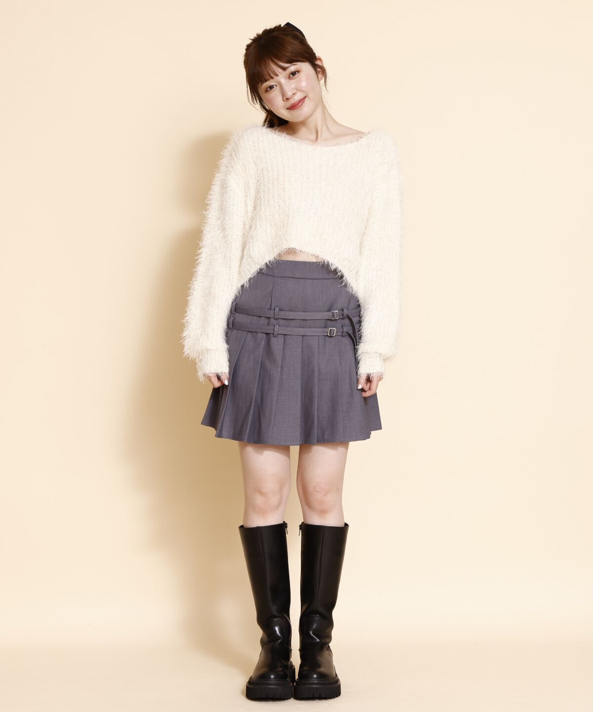 REDYAZEL「ダブルベルトプリーツミニスカート」|フレア|グレー