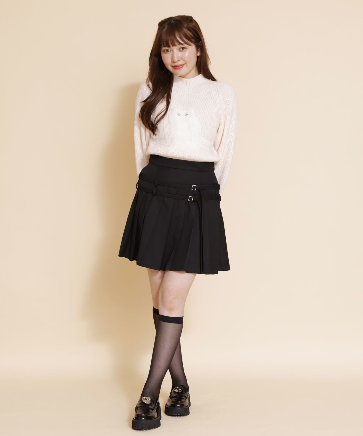 REDYAZEL「ダブルベルトプリーツミニスカート」|フレア|ブラック
