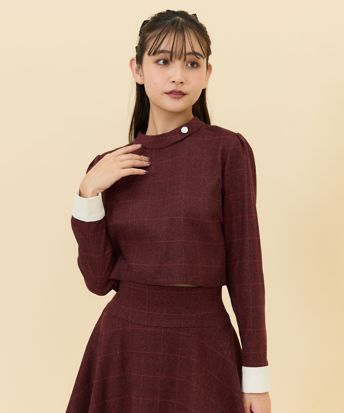 REDYAZEL「バイカラーチェックスタンドトップス」|シャツ・ブラウス|レッド