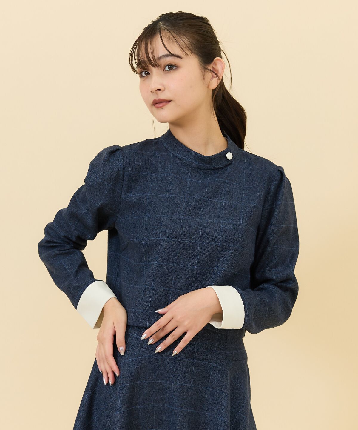 REDYAZEL「バイカラーチェックスタンドトップス」|シャツ・ブラウス|ネイビー