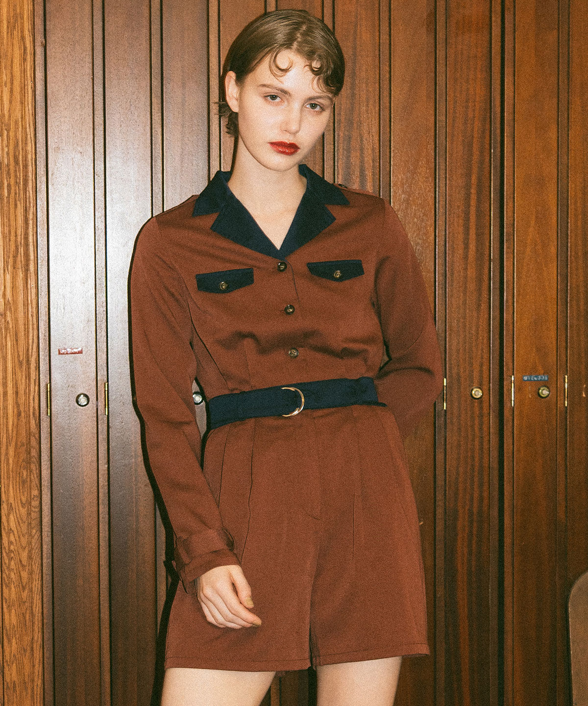 REDYAZEL「バイカラーベルトショートオールインワン」|オールインワン|ボルドー