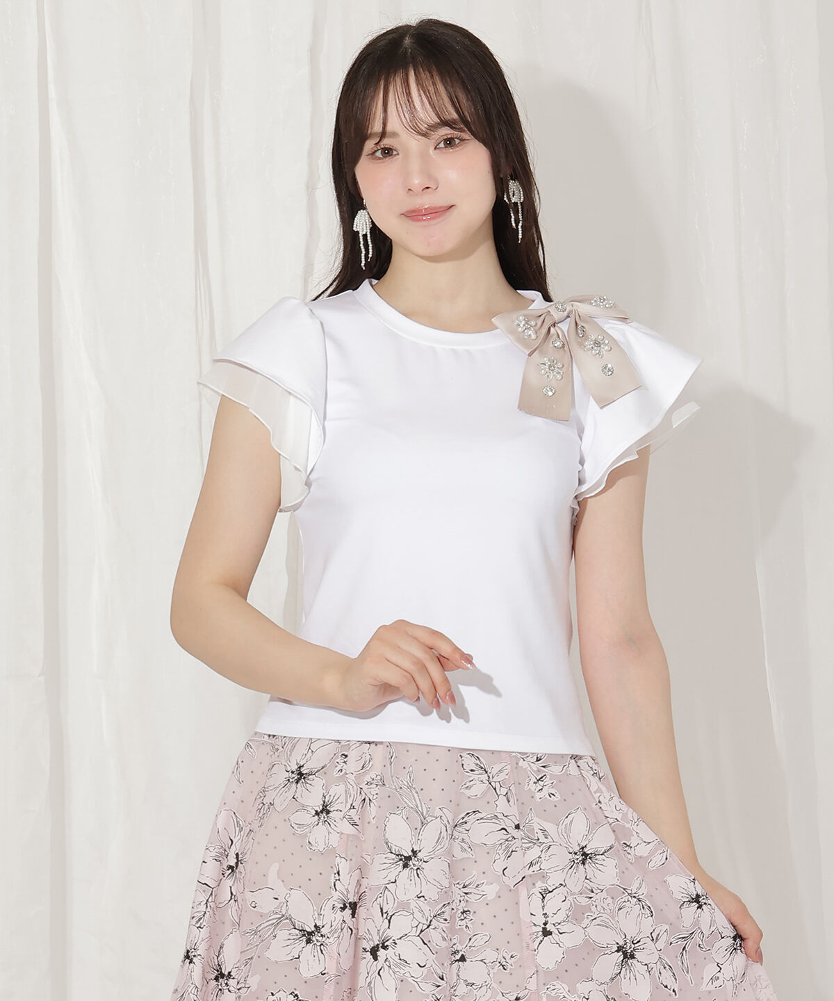 WILLSELECTION「ビジューリボン付き袖フリルプルオーバー」|Tシャツ・カットソー|