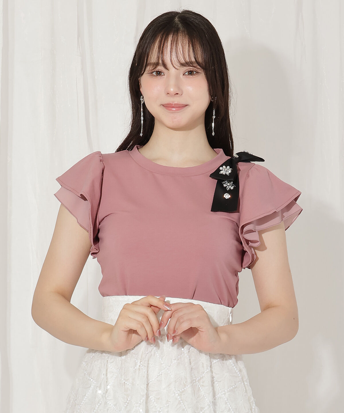 WILLSELECTION「ビジューリボン付き袖フリルプルオーバー」|Tシャツ・カットソー|ピンク