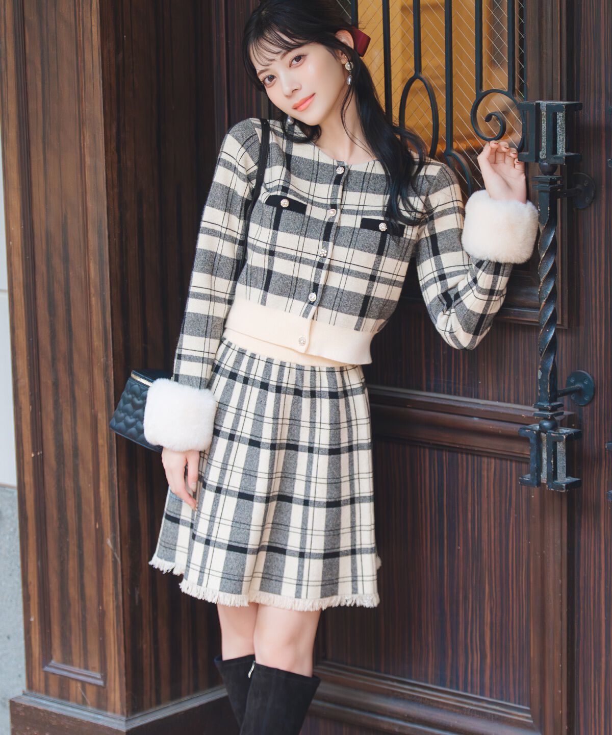 WILLSELECTION「チェック柄ファーカフスカーディガン」|カーディガン|