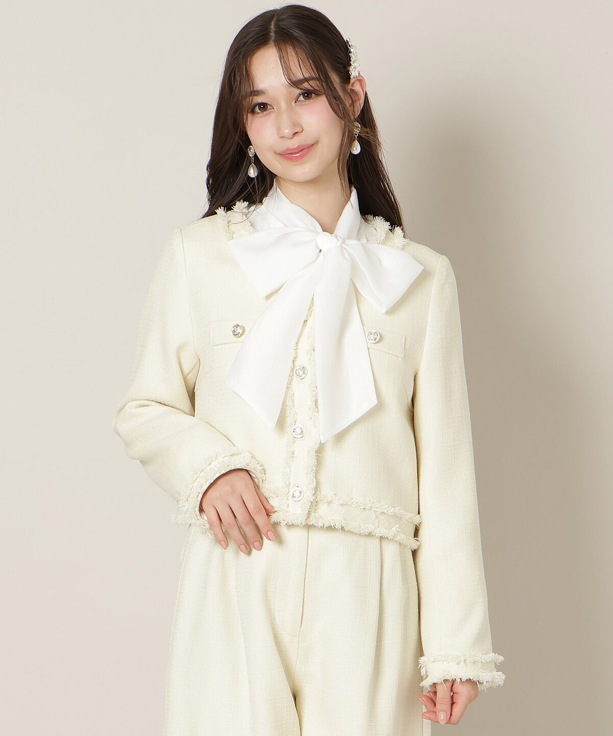 WILLSELECTION「ノーカラーフリンジツイードジャケット」|ノーカラージャケット|イエロー