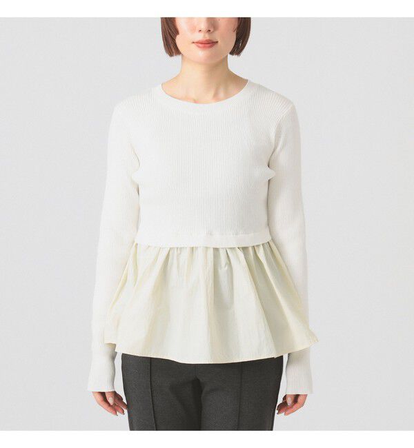 Ray BEAMS 「リブ ギャザー キリカエ クルーネック トップス」|ニット・セーター|