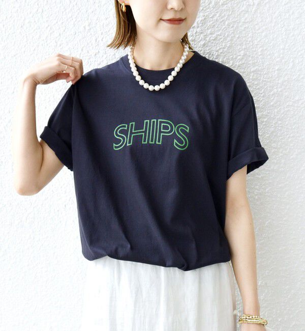 SHIPS for women「《一部追加》【WEB限定】 SHIPS ラウンド プリント ロゴ TEE」|Tシャツ・カットソー|ダークブルー