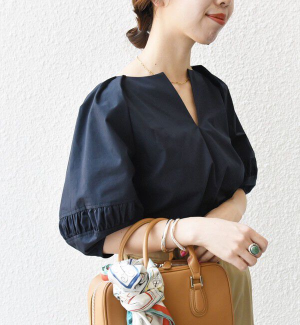 SHIPS for women「〈手洗い可能〉ランタン スリーブ キーネック ブラウス」|シャツ・ブラウス|ネイビー