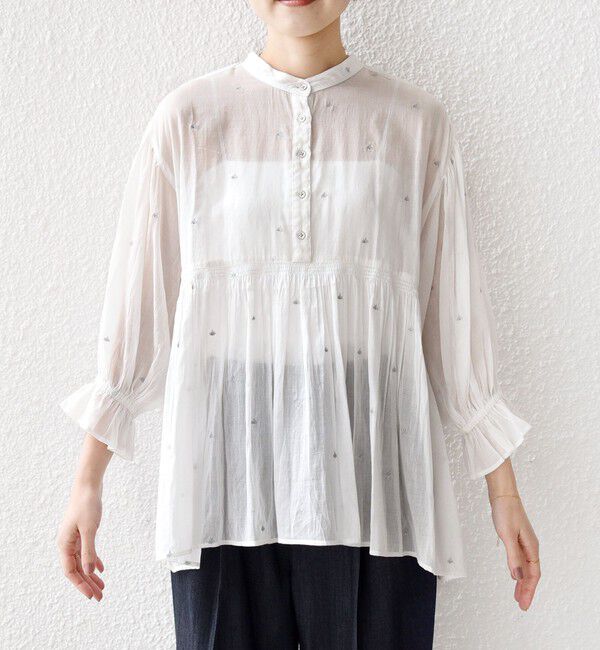 SHIPS for women「《予約》〈手洗い可能〉コットン オーガンジー リーフ 刺繍 袖 フリル ブラウス」|シャツ・ブラウス|