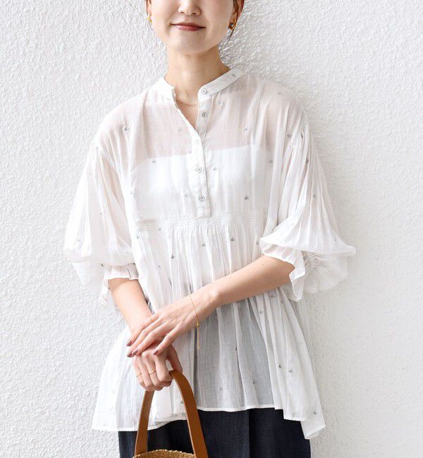 SHIPS for women「《予約》〈手洗い可能〉コットン オーガンジー リーフ 刺繍 袖 フリル ブラウス」|シャツ・ブラウス|