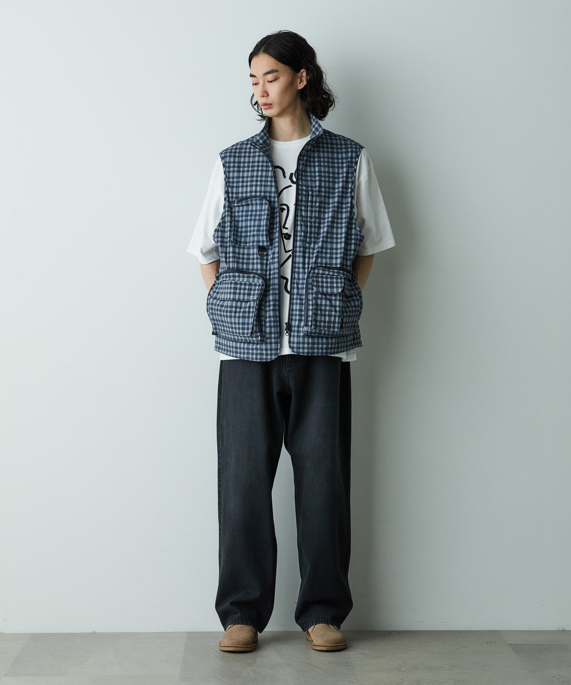 nano･universe「「HOTEL PALACE」オテルパラス デジタルプリントトラベルチェックベスト」|ダウンベスト・ベスト|