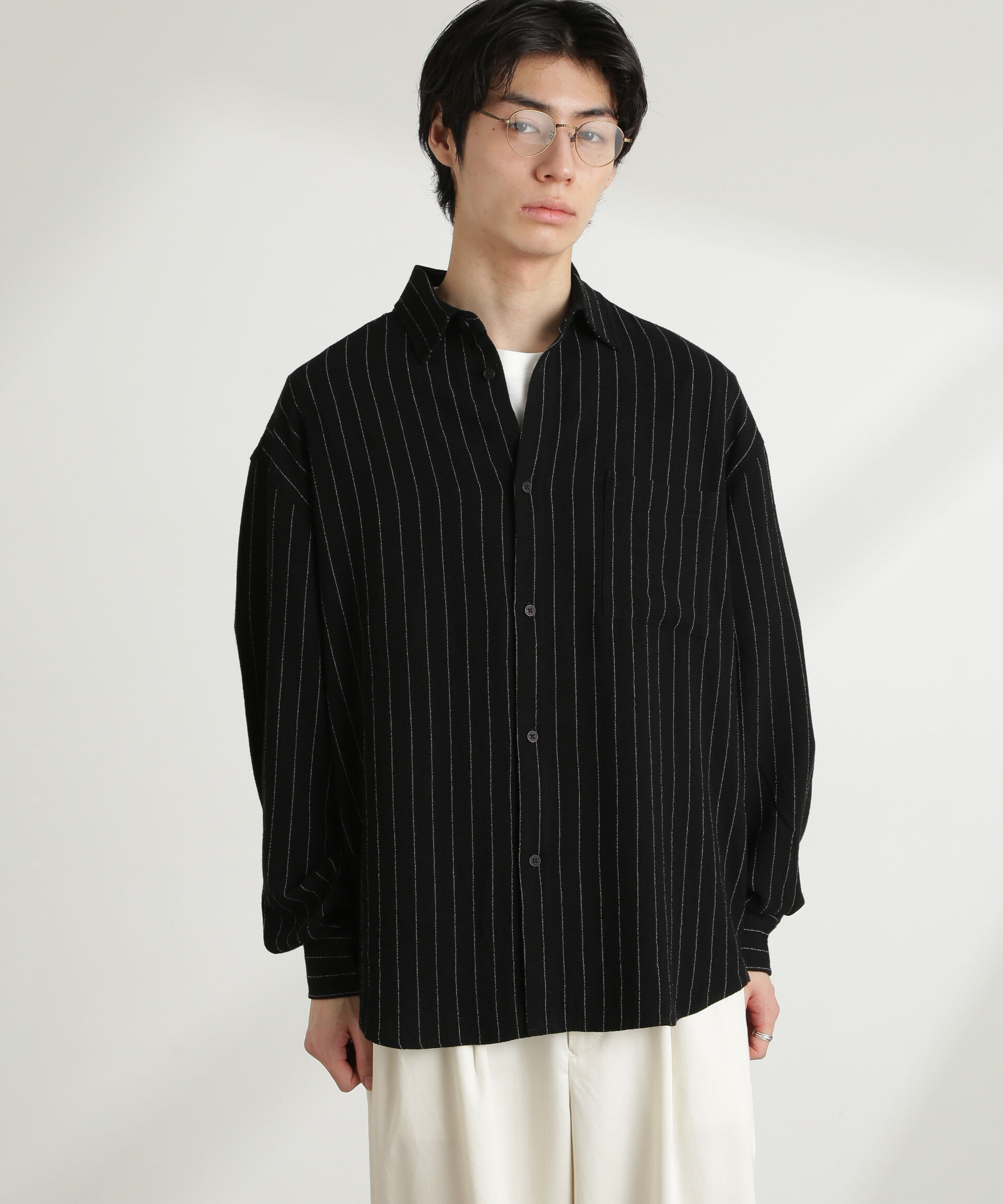 nano･universe「WEB限定/ピンストライプレギュラーカラーシャツ 長袖」|シャツ・ブラウス|ブラック