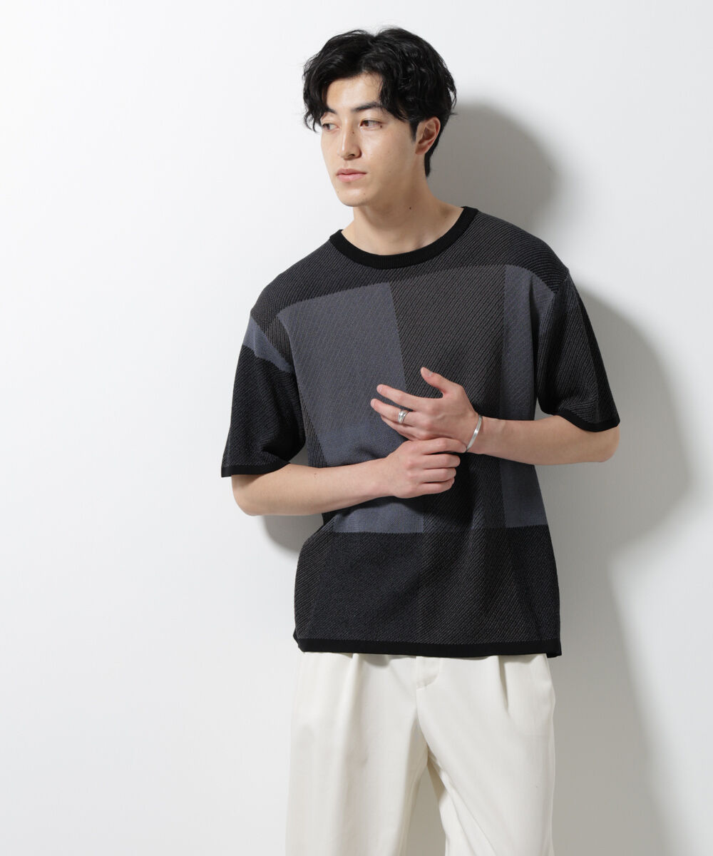 nano･universe「ブロックチェックニットTシャツ 半袖」|ニット・セーター|ブラック