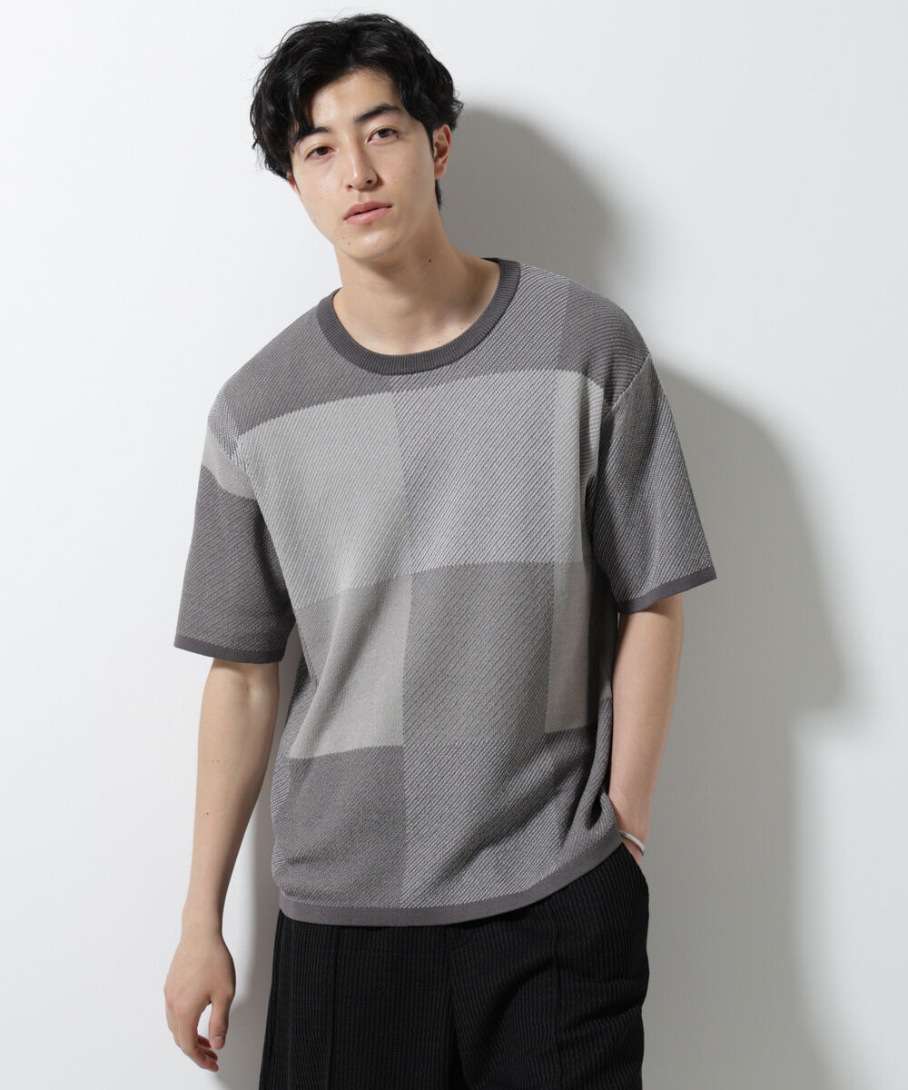 nano･universe「ブロックチェックニットTシャツ 半袖」|ニット・セーター|L.グレー1