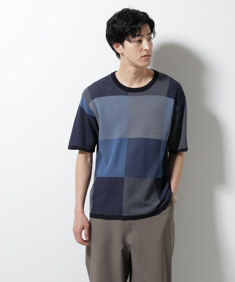 nano･universe「ブロックチェックニットTシャツ 半袖」|ニット・セーター|ブルー