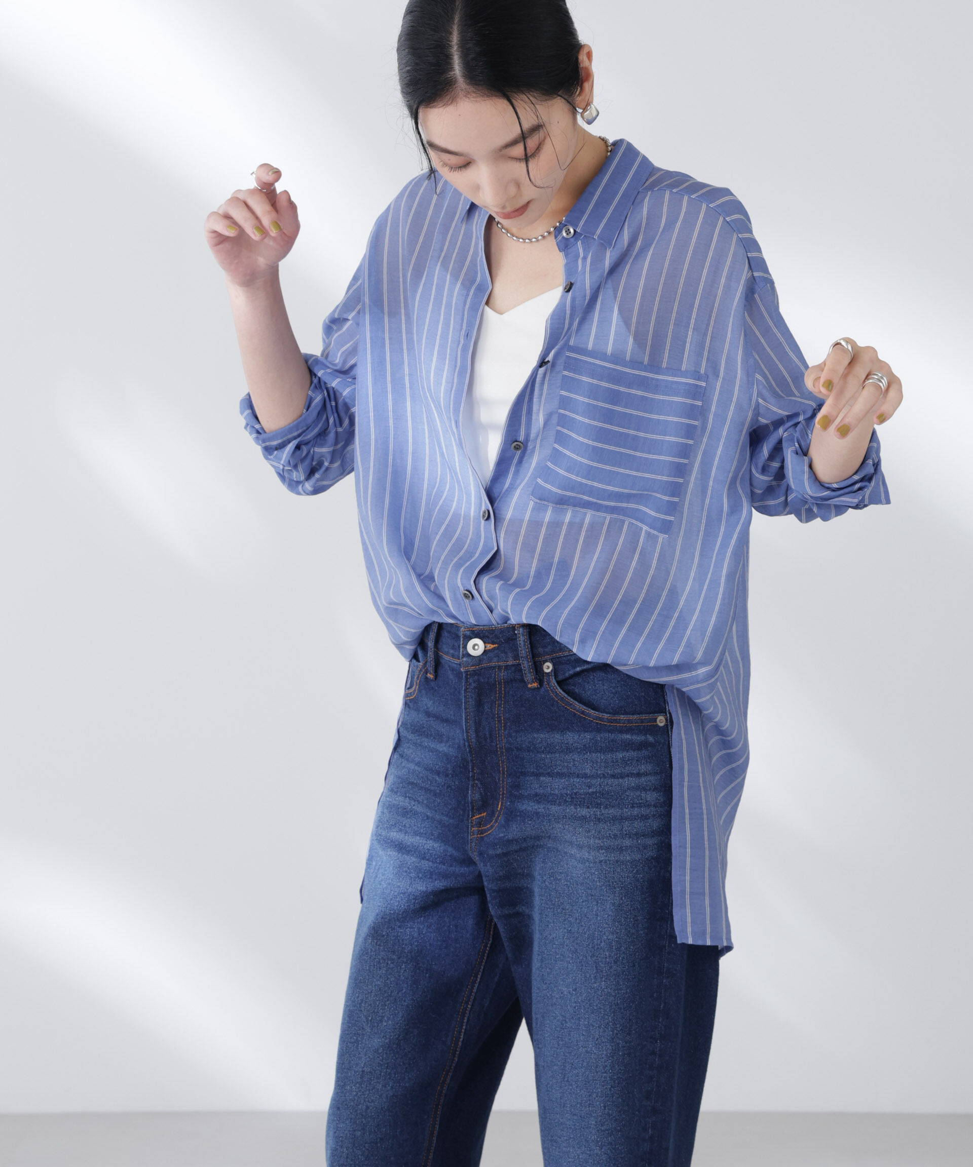 nano･universe「シアーストライプオーバーサイズロングシャツ(セットアップ可)」|シャツ・ブラウス|
