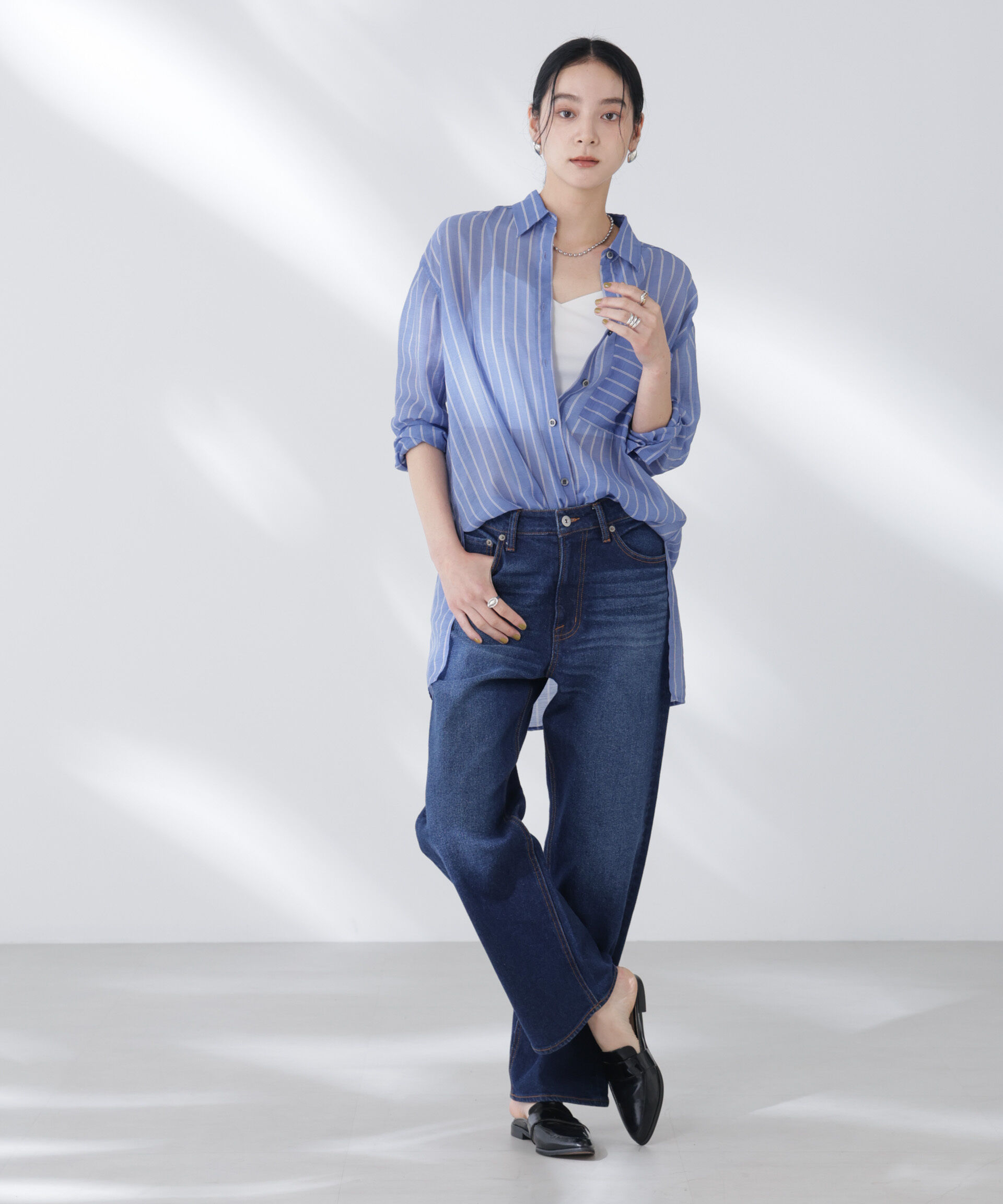 nano･universe「シアーストライプオーバーサイズロングシャツ(セットアップ可)」|シャツ・ブラウス|