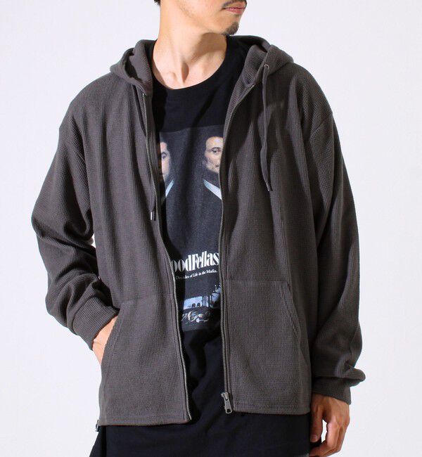 GLOSTER「【レイヤードに最適】起毛ワッフル 裾ドロストジップパーカー」|パーカー|チャコールグレー