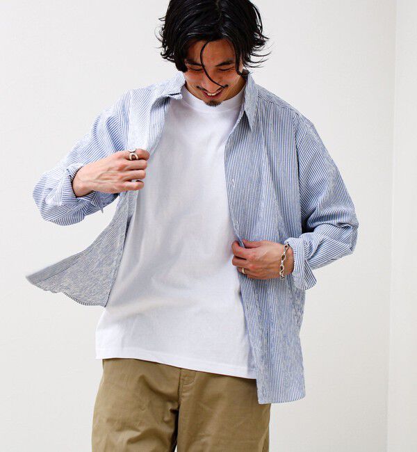 GLOSTER「【清涼感のある表情】ストライプレギュラーカラーシャツ」|シャツ・ブラウス|ブルー系その他