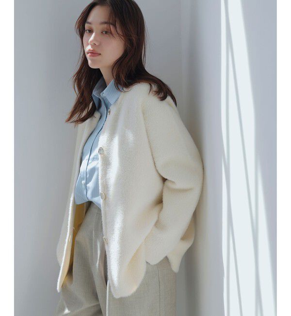 VIS「接結メタルボタンミニフェザーニットコート」|ノーカラージャケット|オフホワイト(15)