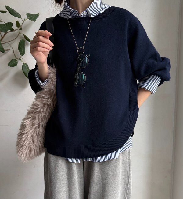  「アシメラウンドニットプルオーバー」|ニット・セーター|ネイビー