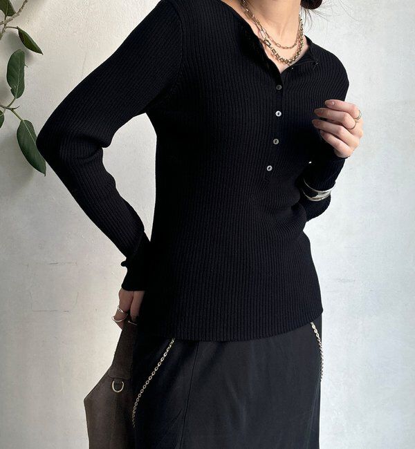  「ヘンリーネックリブニット」|ニット・セーター|ブラック