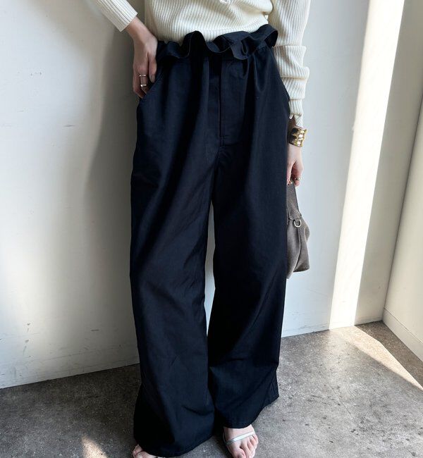  「ウエスト折り返しギャザーパンツ」|チノ|チャコールグレー