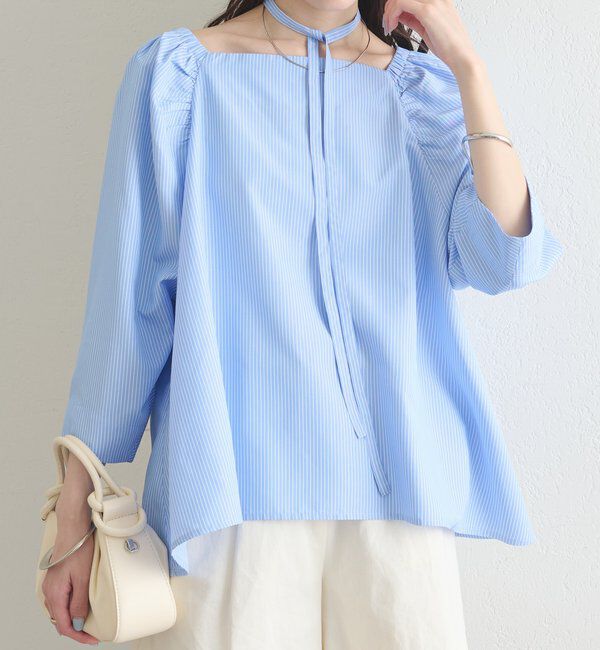  「チョーカーリボンパフブラウス」|シャツ・ブラウス|ブルー