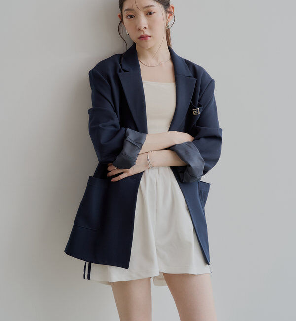 「ロゴブローチ付きオーバーシングルジャケット」|テーラードジャケット|ネイビー