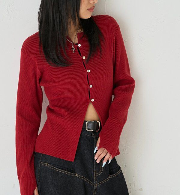  「リブニットナローカーディガン」|カーディガン|レッド
