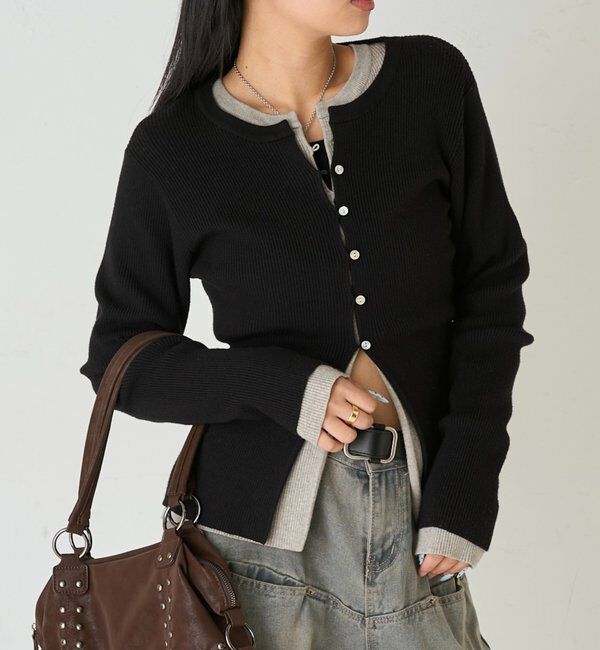  「リブニットナローカーディガン」|カーディガン|ブラック