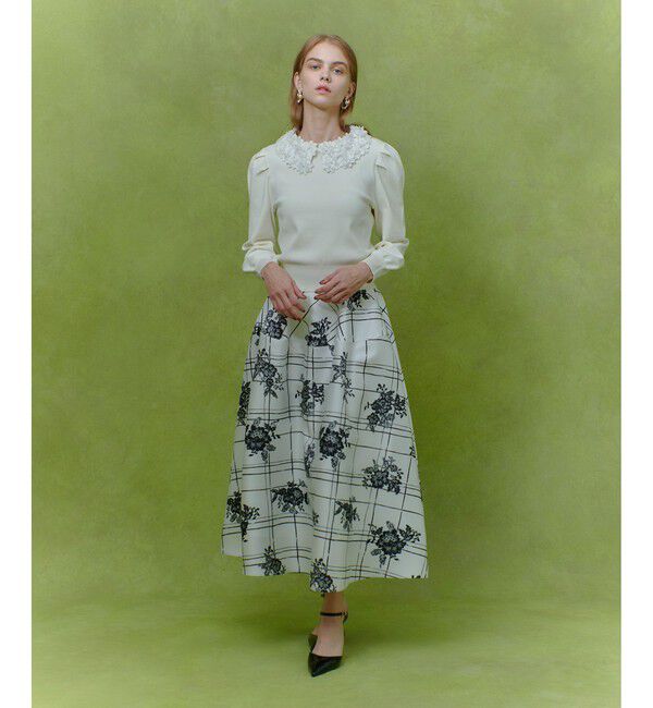 LOULOU WILLOUGHBY「【LOULOU WILLOUGHBY】SILK COフラワーチェックスカート」|フレア|