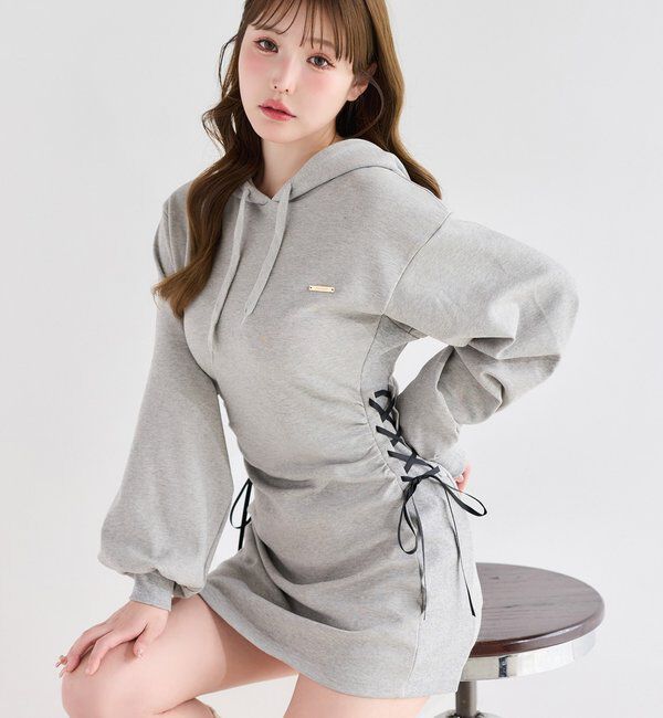  「サイドレースアップパーカーミニワンピース」|ワンピース|グレー