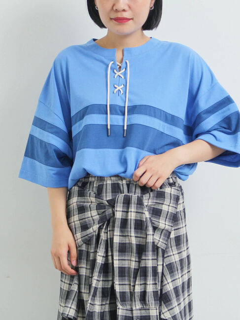 SM2「[接触冷感]編み上げラインTシャツ」|Tシャツ・カットソー|ブルー